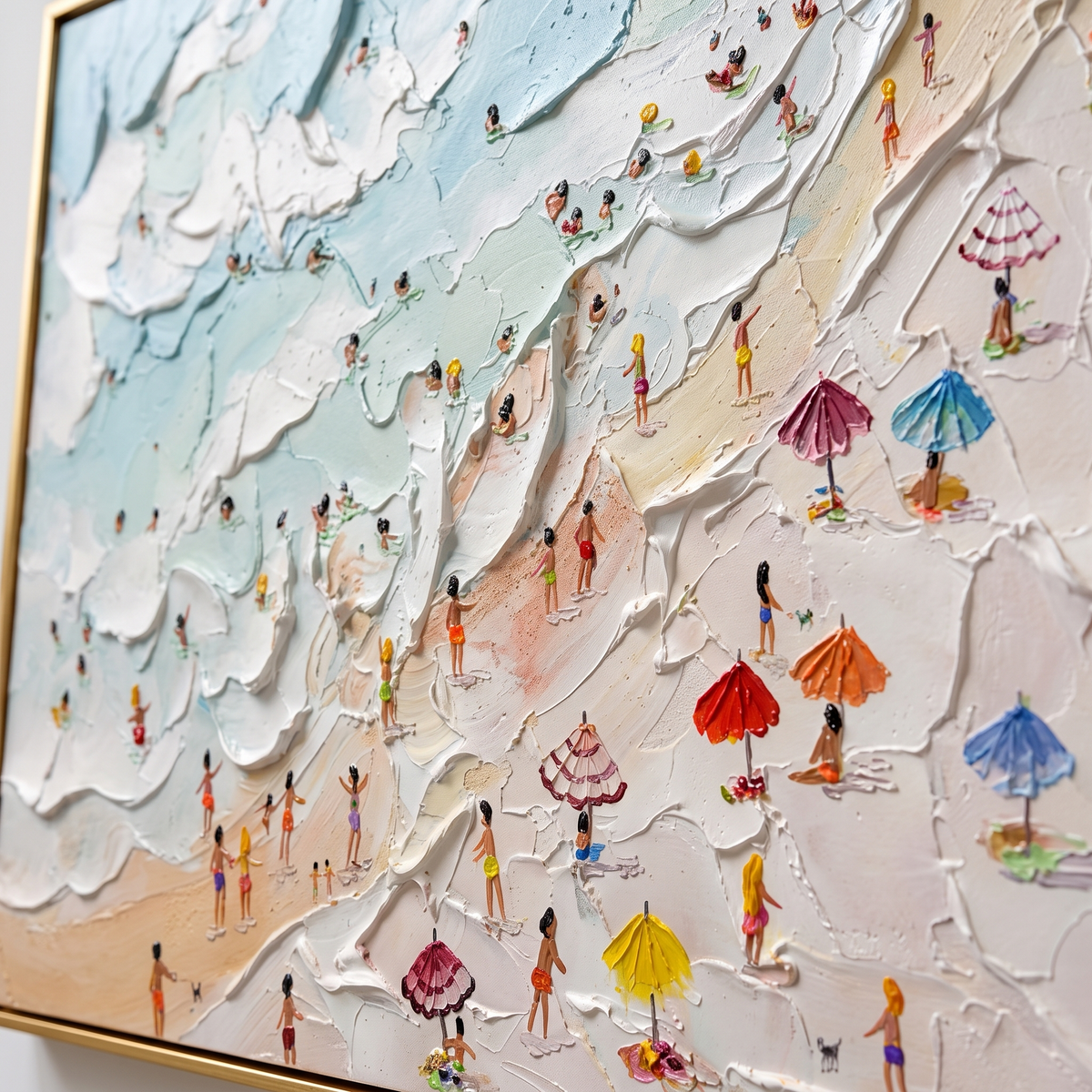 Sandy Shore Beige & Blue 3D Beach Canvas – Hand-Painted Coastal Art – close-up detail