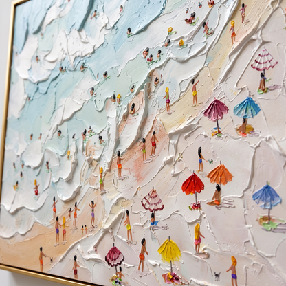 Sandy Shore Beige & Blue 3D Beach Canvas – Hand-Painted Coastal Art – close-up detail