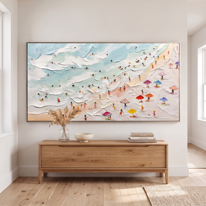 Seaside Holiday Textured Beach Landscape Canvas – Hand-Painted Panoramic – shown in a room for scale
