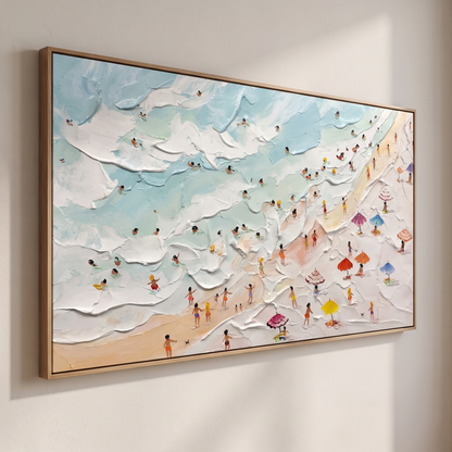 Seaside Holiday Textured Beach Landscape Canvas – Hand-Painted Panoramic – side angle showing texture