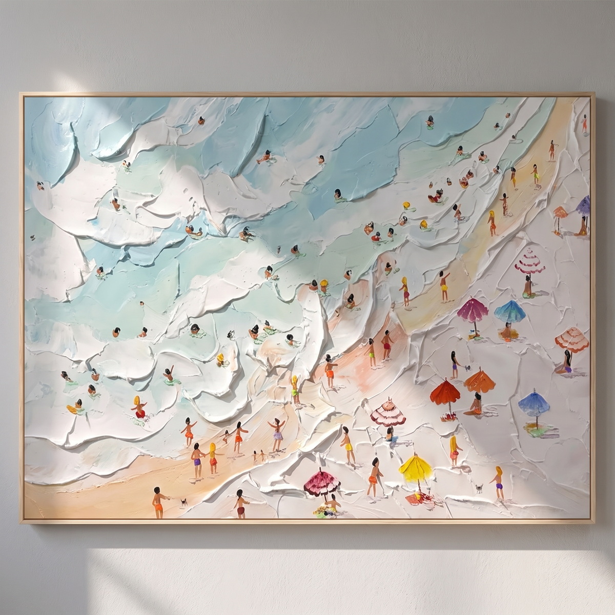Sandy Shore Beige & Blue 3D Beach Canvas – Hand-Painted Coastal Art – side angle showing texture