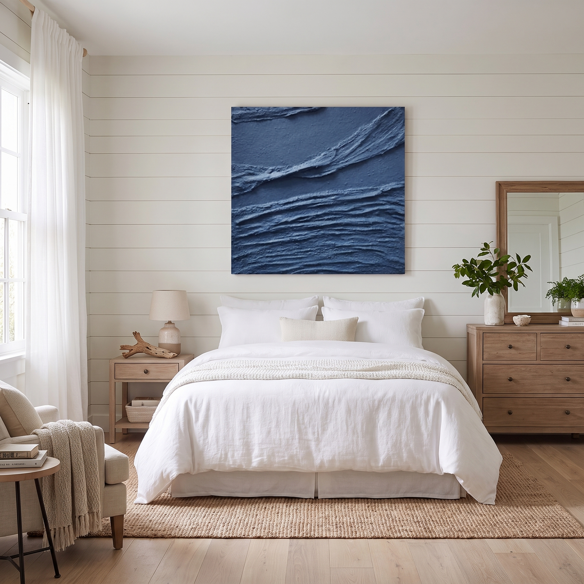 Azure Ripple Deep Blue Textured Ocean Canvas – Hand-Painted Wall Art – shown in a room for scale