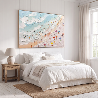 Sandy Shore Beige & Blue 3D Beach Canvas – Hand-Painted Coastal Art – shown in a room for scale