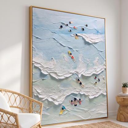 Beach Joy Blue & White Plaster Ocean Canvas – Hand-Painted Coastal Art – side angle showing texture