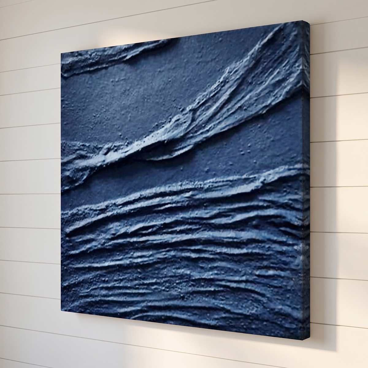 Azure Ripple Deep Blue Textured Ocean Canvas – Hand-Painted Wall Art – side angle showing texture