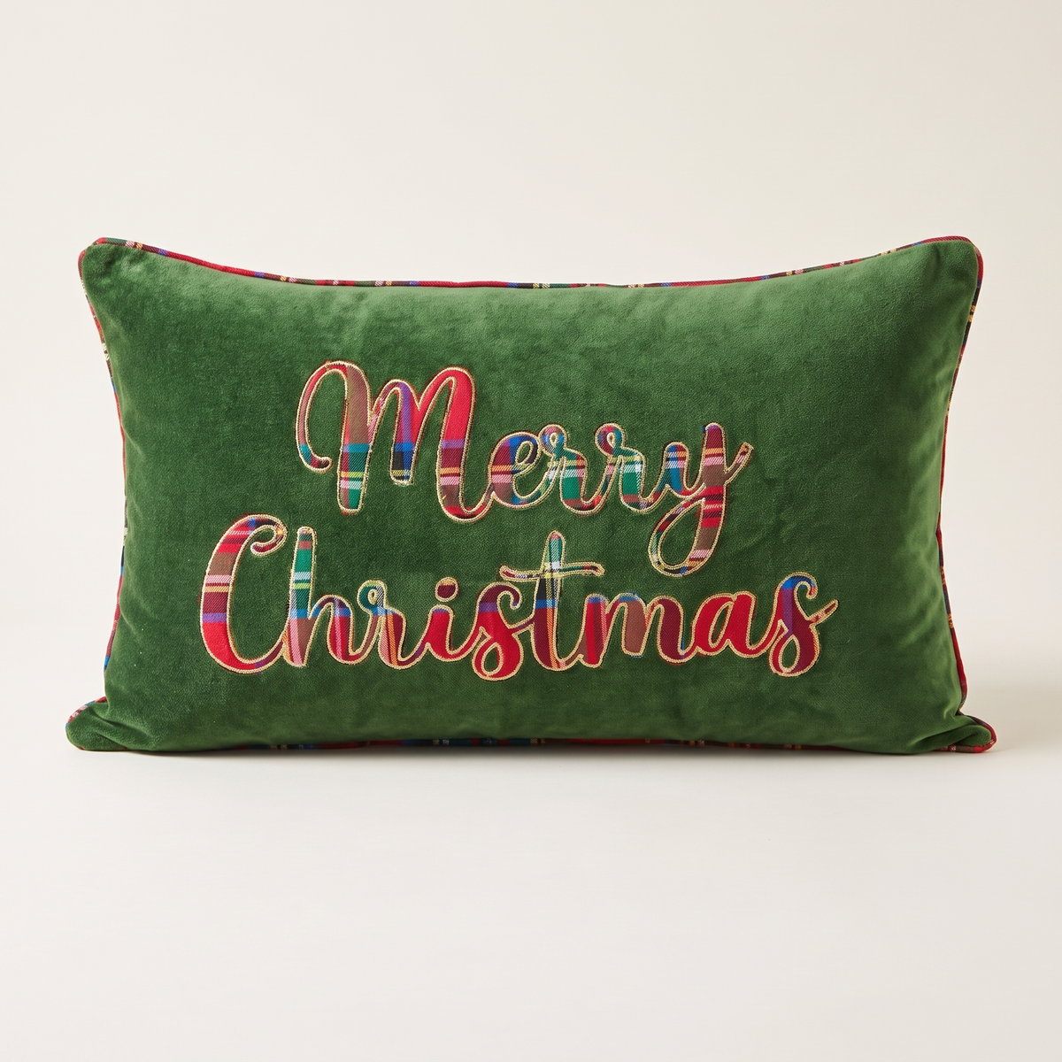 Green Velvet Merry Christmas Tartan Cushion Cover – studio view