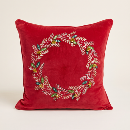 Red Velvet Embroidered Wreath Christmas Cushion Cover – studio view