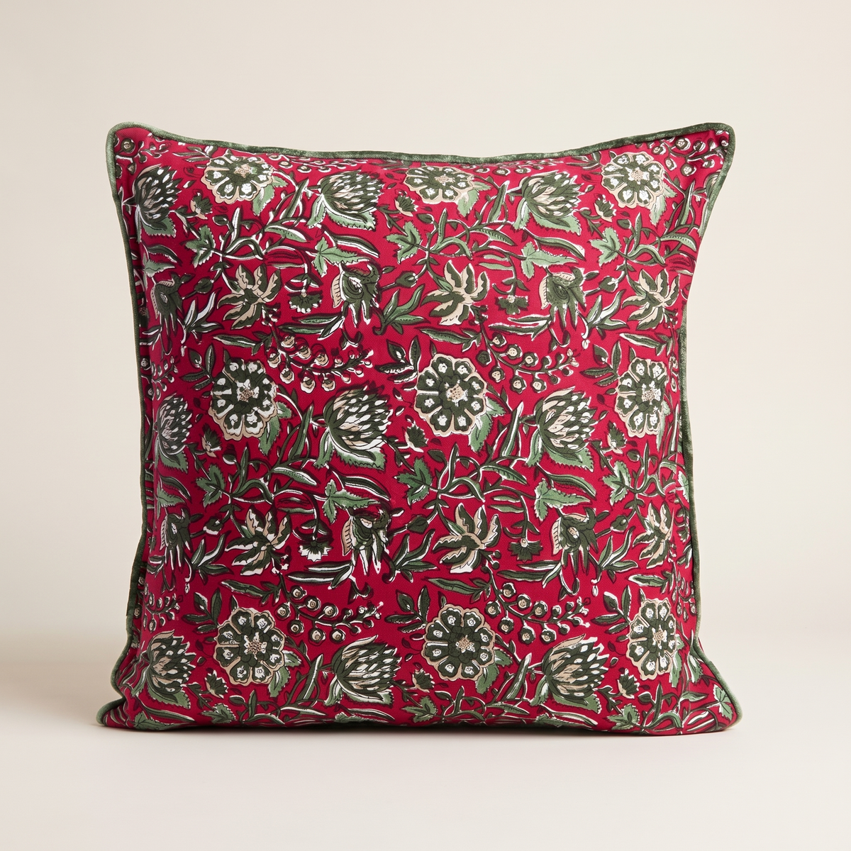 Block-Printed Red Rose Christmas Cushion Cover – 50cm – studio view