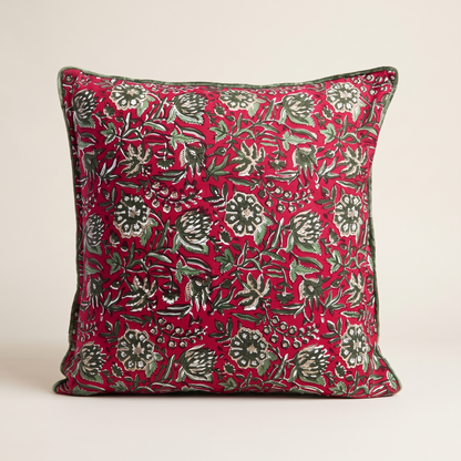 Block-Printed Red Rose Christmas Cushion Cover – 50cm – studio view