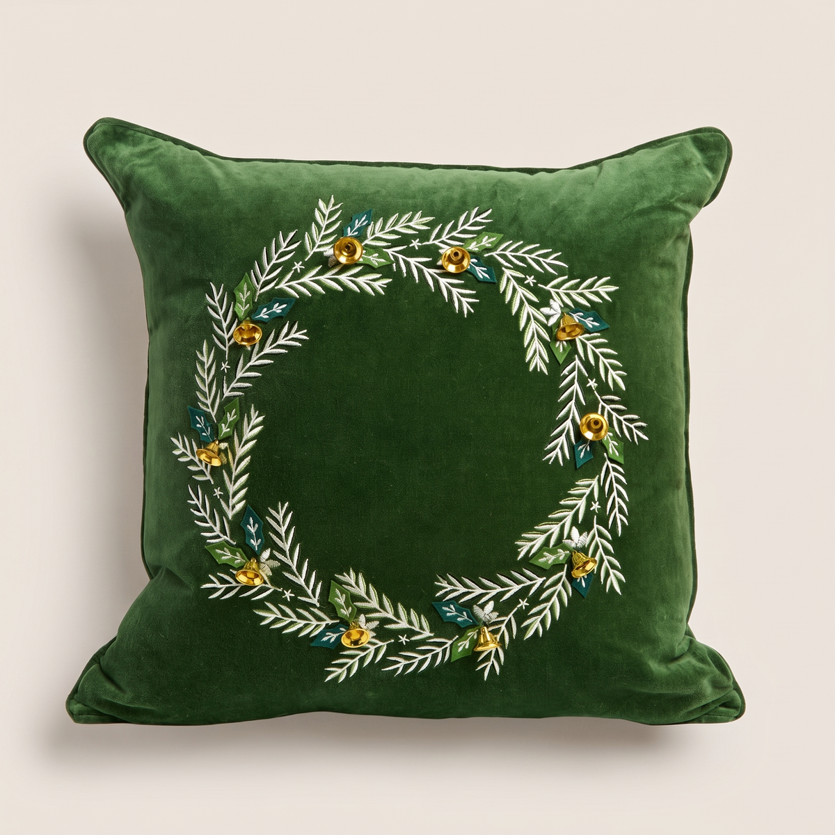 Green Velvet Embroidered Wreath Christmas Cushion Cover – studio view