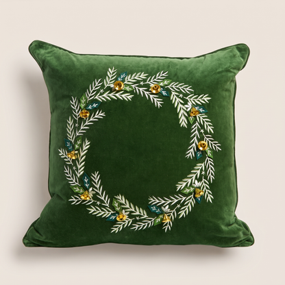 Green Velvet Embroidered Wreath Christmas Cushion Cover – studio view