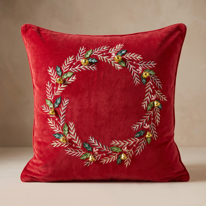 Red Velvet Embroidered Wreath Christmas Cushion Cover – close-up detail