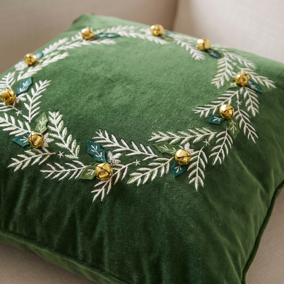Green Velvet Embroidered Wreath Christmas Cushion Cover – close-up detail
