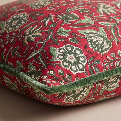 Block-Printed Red Rose Christmas Cushion Cover – 50cm – close-up detail