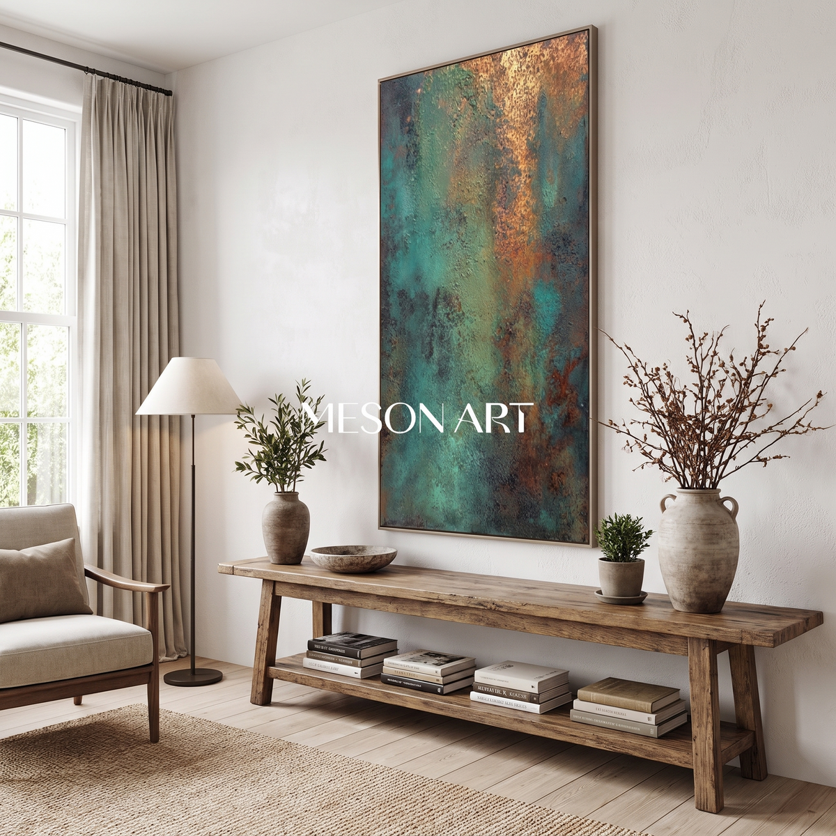 Verdant Bronze Green Abstract Canvas – Hand-Painted Tall Wall Art – shown in a room for scale