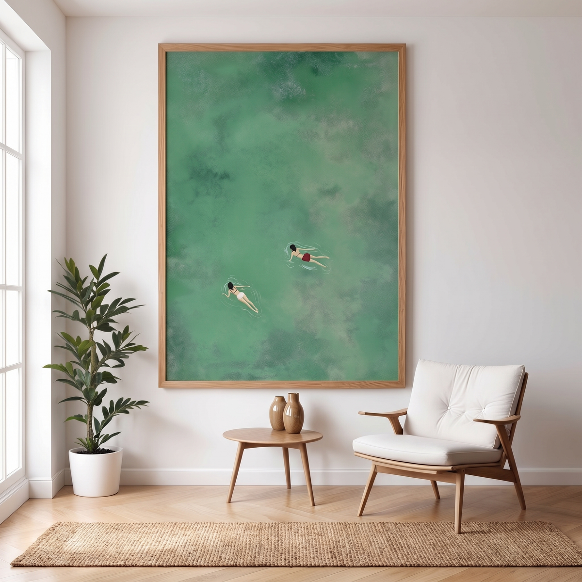 Green Ocean Swimmers Aerial Coastal Print – Framed Wall Art – shown in a room for scale