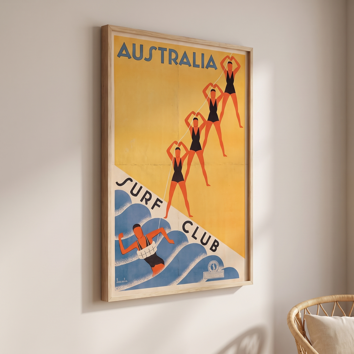 1930s Australian Surf Club Vintage Travel Poster – Framed Art Print – side angle showing texture