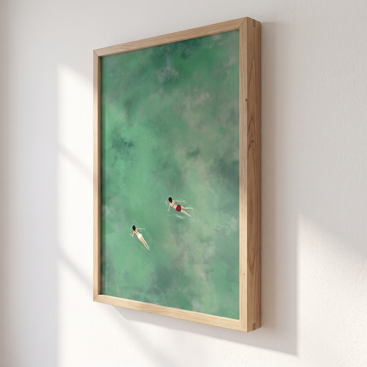 Green Ocean Swimmers Aerial Coastal Print – Framed Wall Art – side angle showing texture