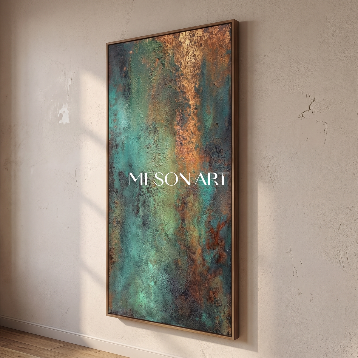 Verdant Bronze Green Abstract Canvas – Hand-Painted Tall Wall Art – side angle showing texture