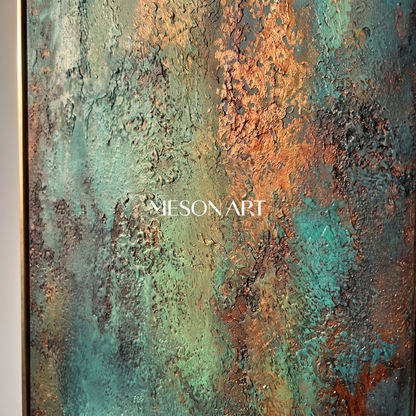 Verdant Bronze Green Abstract Canvas – Hand-Painted Tall Wall Art – close-up detail