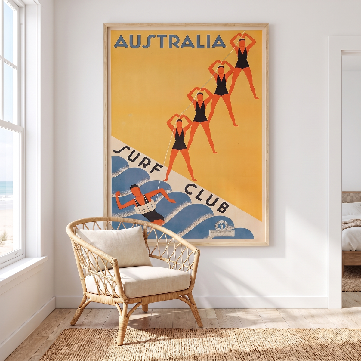1930s Australian Surf Club Vintage Travel Poster – Framed Art Print – shown in a room for scale