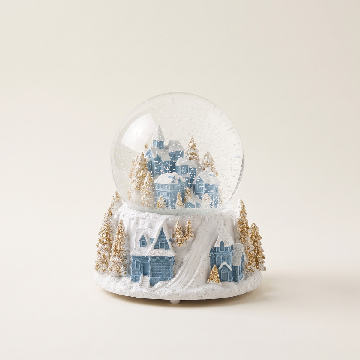 Musical Blue & White Village Snow Globe – 16.5cm – studio view
