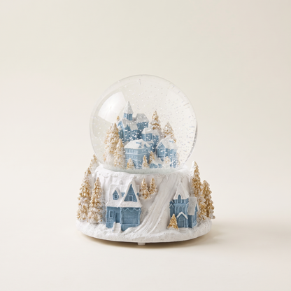 Musical Blue & White Village Snow Globe – 16.5cm – studio view