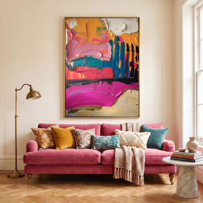 Blush Horizon Pink Textured Abstract Canvas – Hand-Painted Wall Art – shown in a room for scale