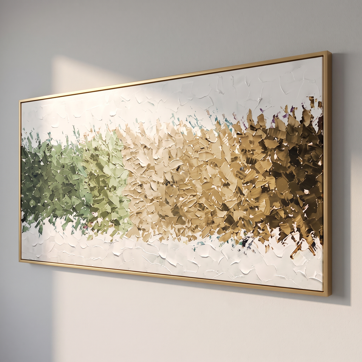 Autumn Mosaic Green & Gold Textured Abstract Canvas – Hand-Painted – side angle showing texture