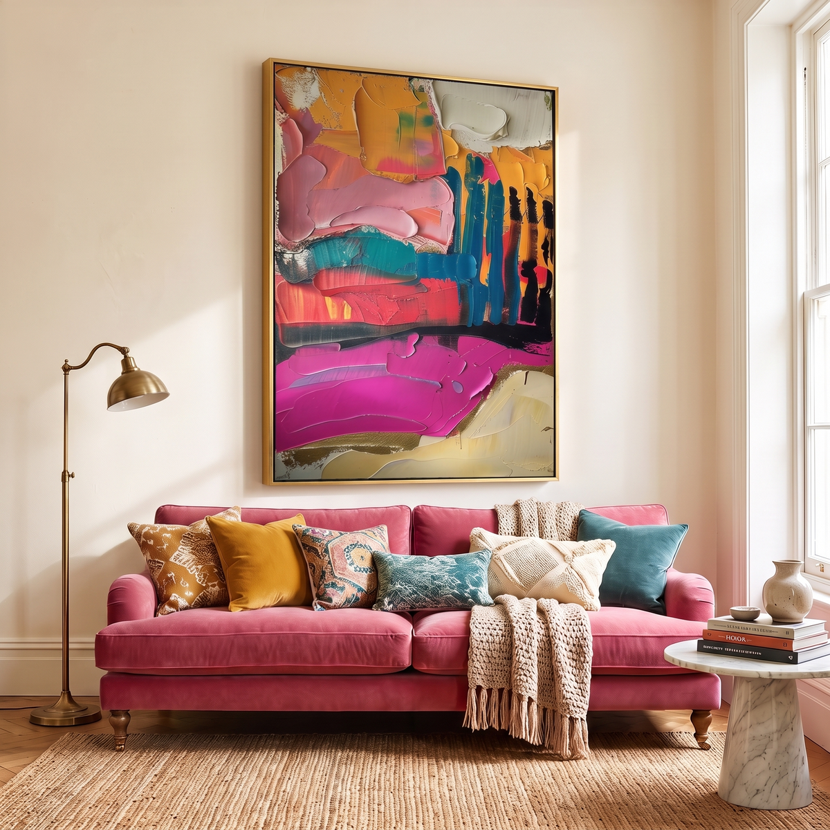 Blush Horizon Pink Textured Abstract Canvas – Hand-Painted Wall Art – side angle showing texture
