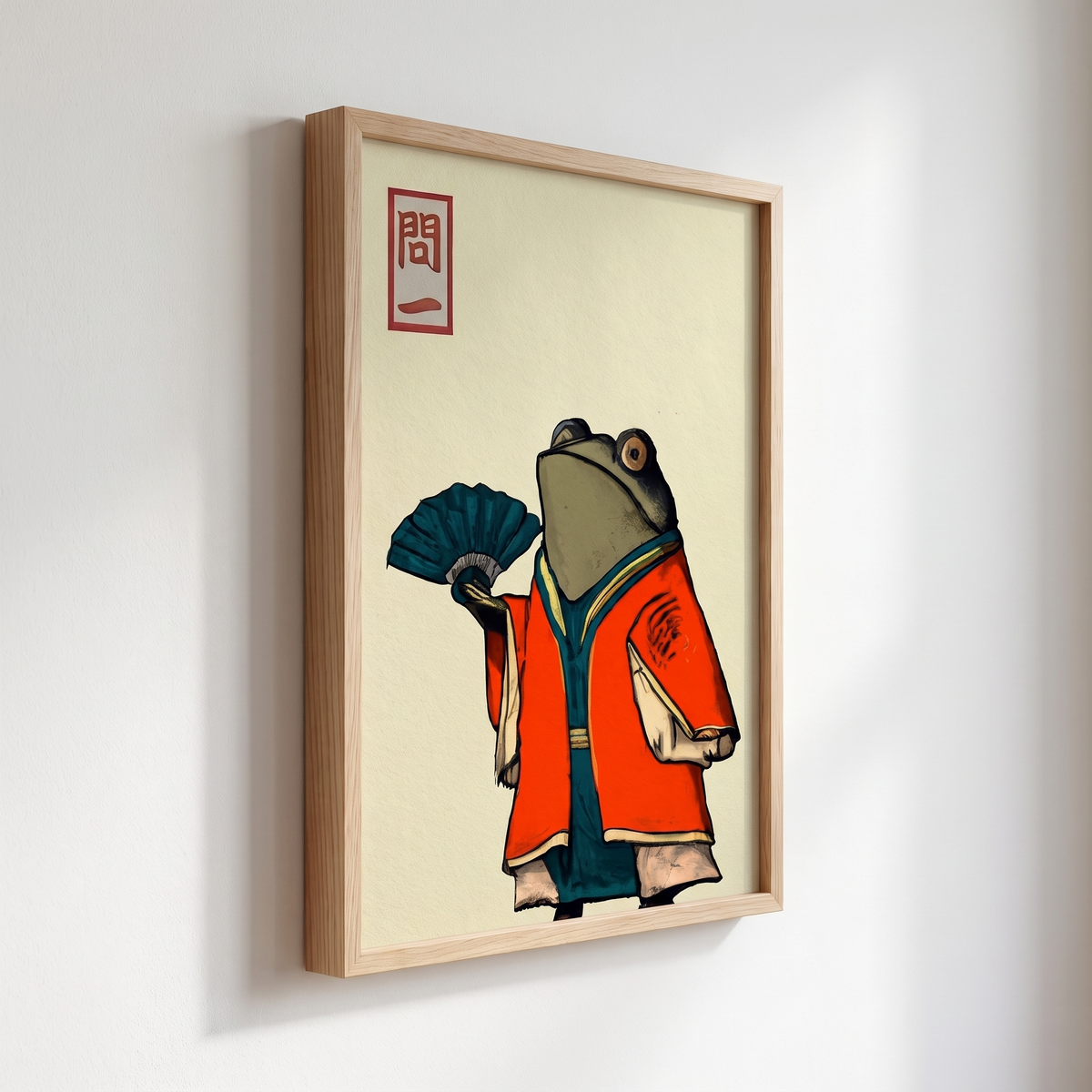Vintage Japanese Frog with Fan Ukiyo-e Print – Framed Wall Art – side angle showing texture