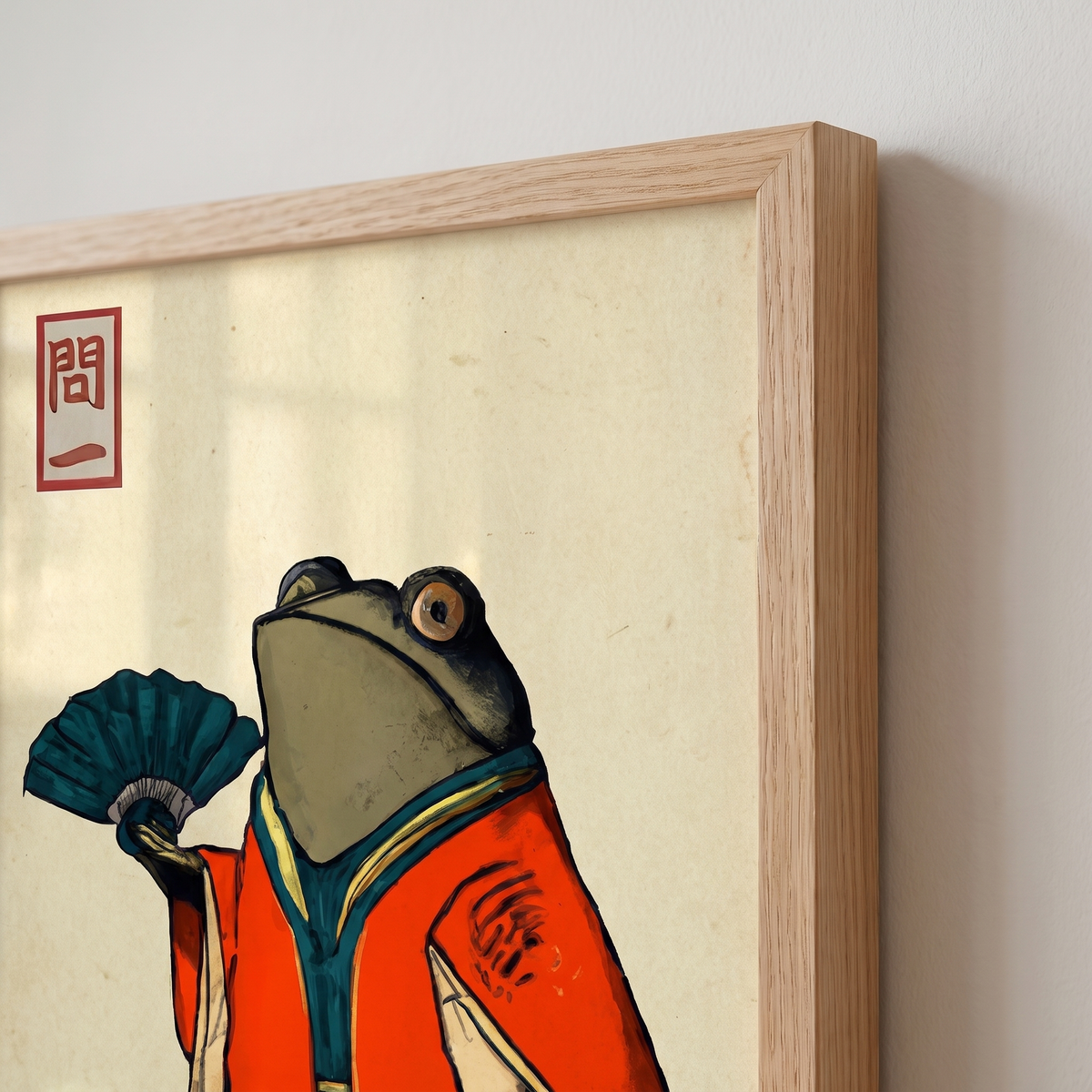 Vintage Japanese Frog with Fan Ukiyo-e Print – Framed Wall Art – close-up detail