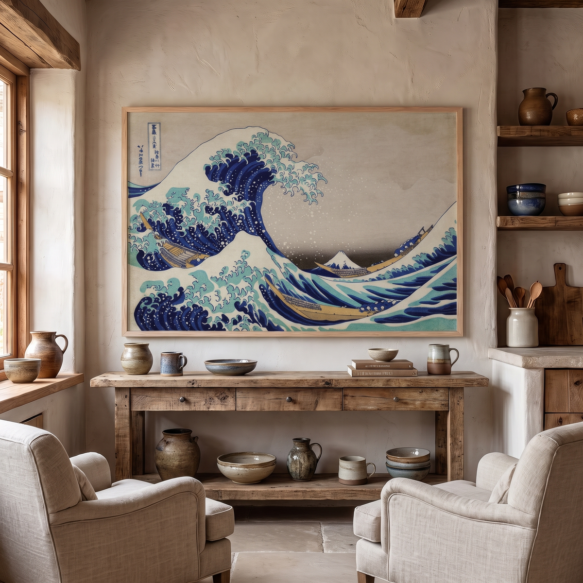 The Great Wave off Kanagawa by Hokusai – Framed Japanese Art Print – shown in a room for scale