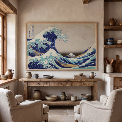 The Great Wave off Kanagawa by Hokusai – Framed Japanese Art Print – shown in a room for scale