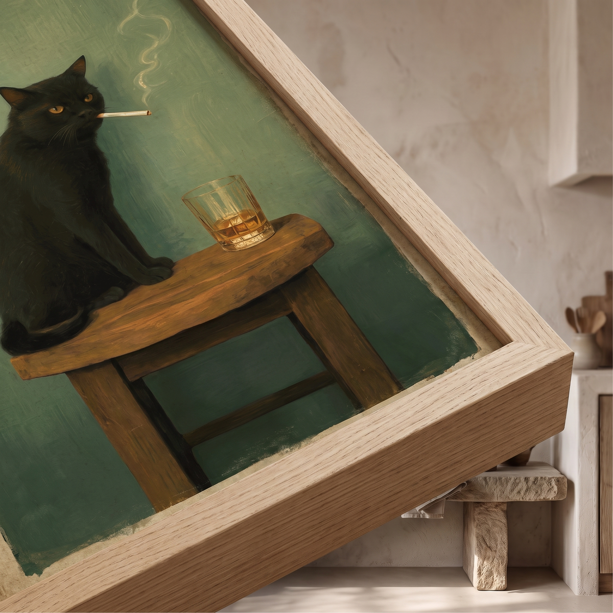 Noir Cat with Whiskey Vintage Portrait Print – Framed Eclectic Wall Art – close-up detail