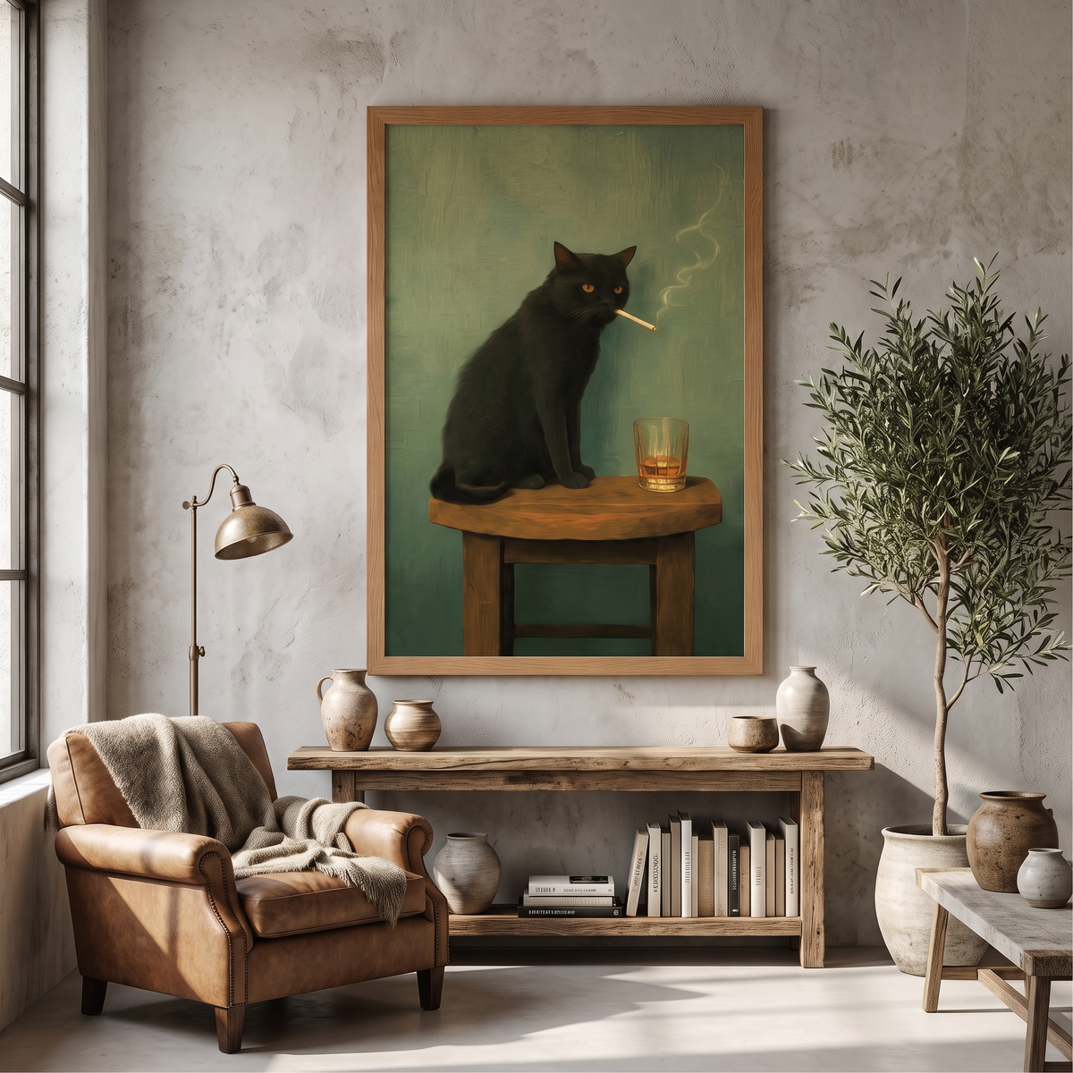 Noir Cat with Whiskey Vintage Portrait Print – Framed Eclectic Wall Art – shown in a room for scale