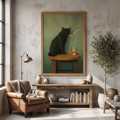 Noir Cat with Whiskey Vintage Portrait Print – Framed Eclectic Wall Art – shown in a room for scale