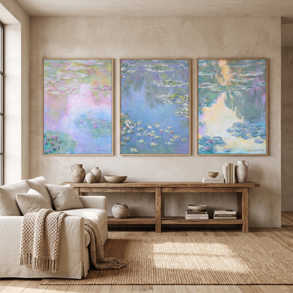 Claude Monet Exhibition Posters Set of 3 – Framed Water Lily Art Prints – shown in a room for scale