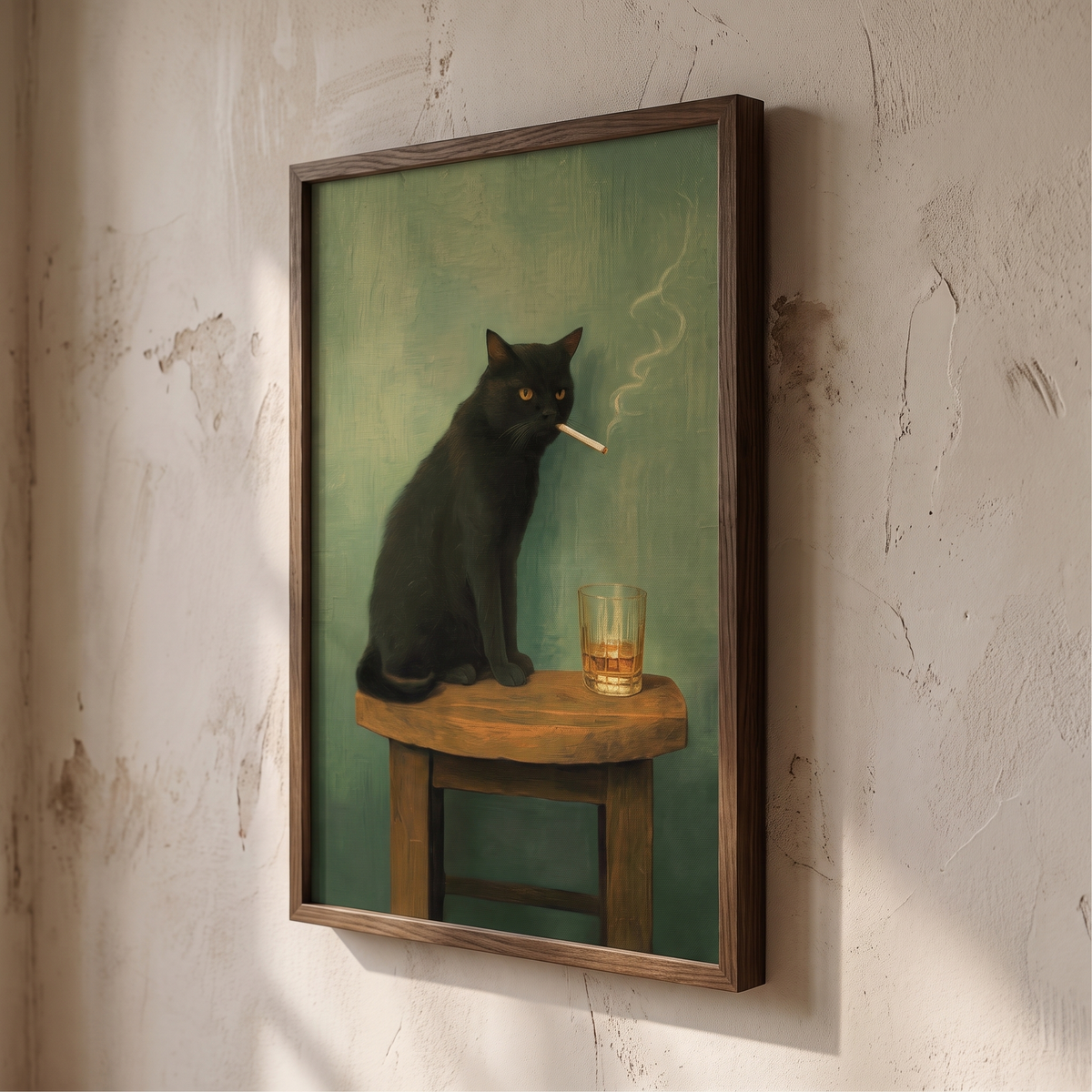 Noir Cat with Whiskey Vintage Portrait Print – Framed Eclectic Wall Art – side angle showing texture