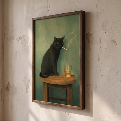 Noir Cat with Whiskey Vintage Portrait Print – Framed Eclectic Wall Art – side angle showing texture