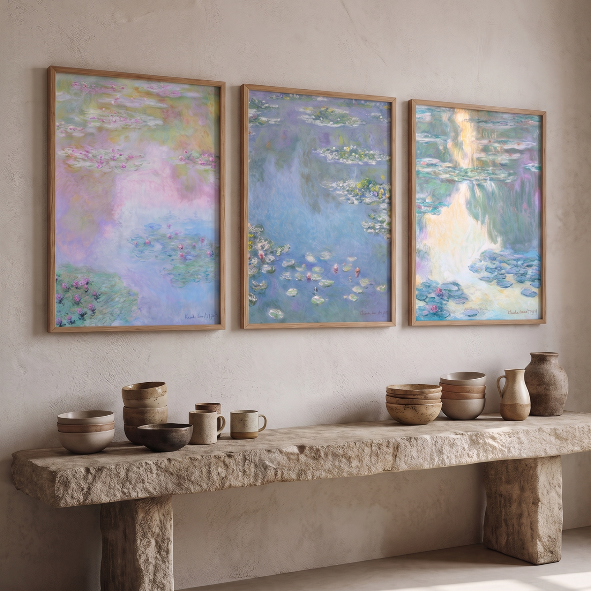 Claude Monet Exhibition Posters Set of 3 – Framed Water Lily Art Prints – side angle showing texture