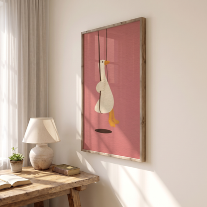 Swinging Goose Whimsical Vintage-Style Print – Framed Wall Art – side angle showing texture