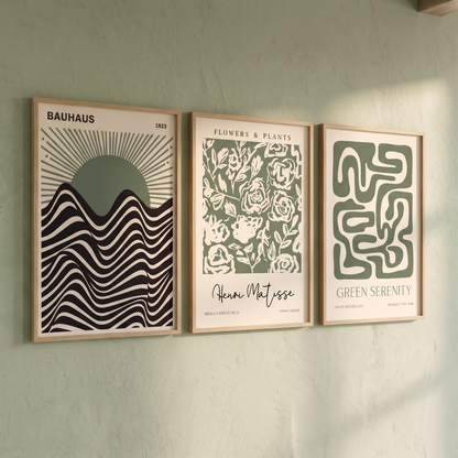 Green Bauhaus & Matisse-Style Prints Set of 3 – Framed Wall Art Trio – side angle showing texture