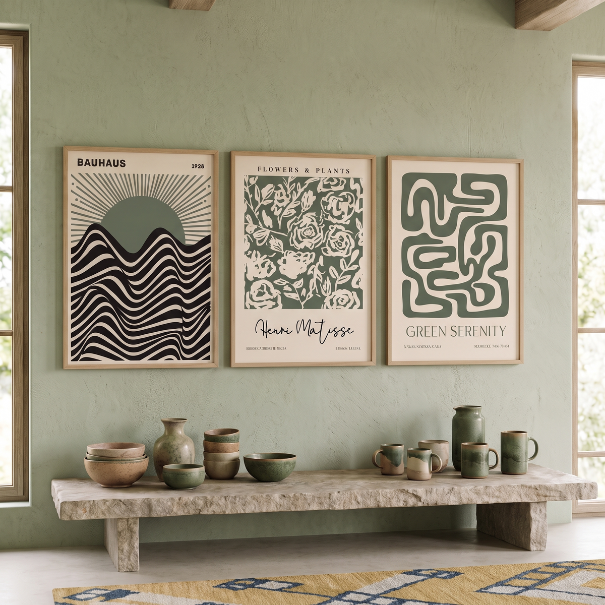 Green Bauhaus & Matisse-Style Prints Set of 3 – Framed Wall Art Trio – shown in a room for scale