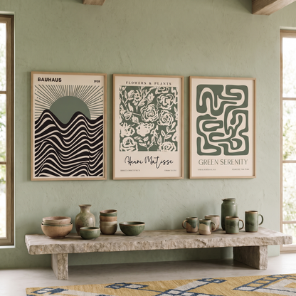 Green Bauhaus & Matisse-Style Prints Set of 3 – Framed Wall Art Trio – shown in a room for scale