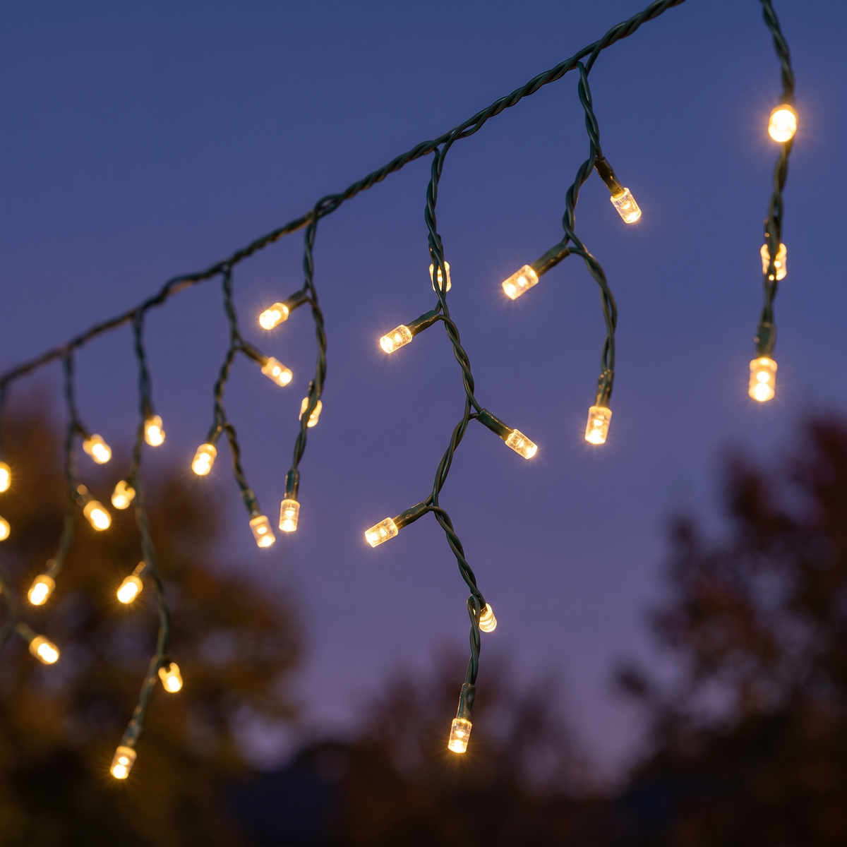 Warm White Solar LED Icicle Christmas Lights – 12.5m – close-up of LED drops