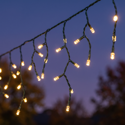 Warm White Solar LED Icicle Christmas Lights – 12.5m – close-up of LED drops