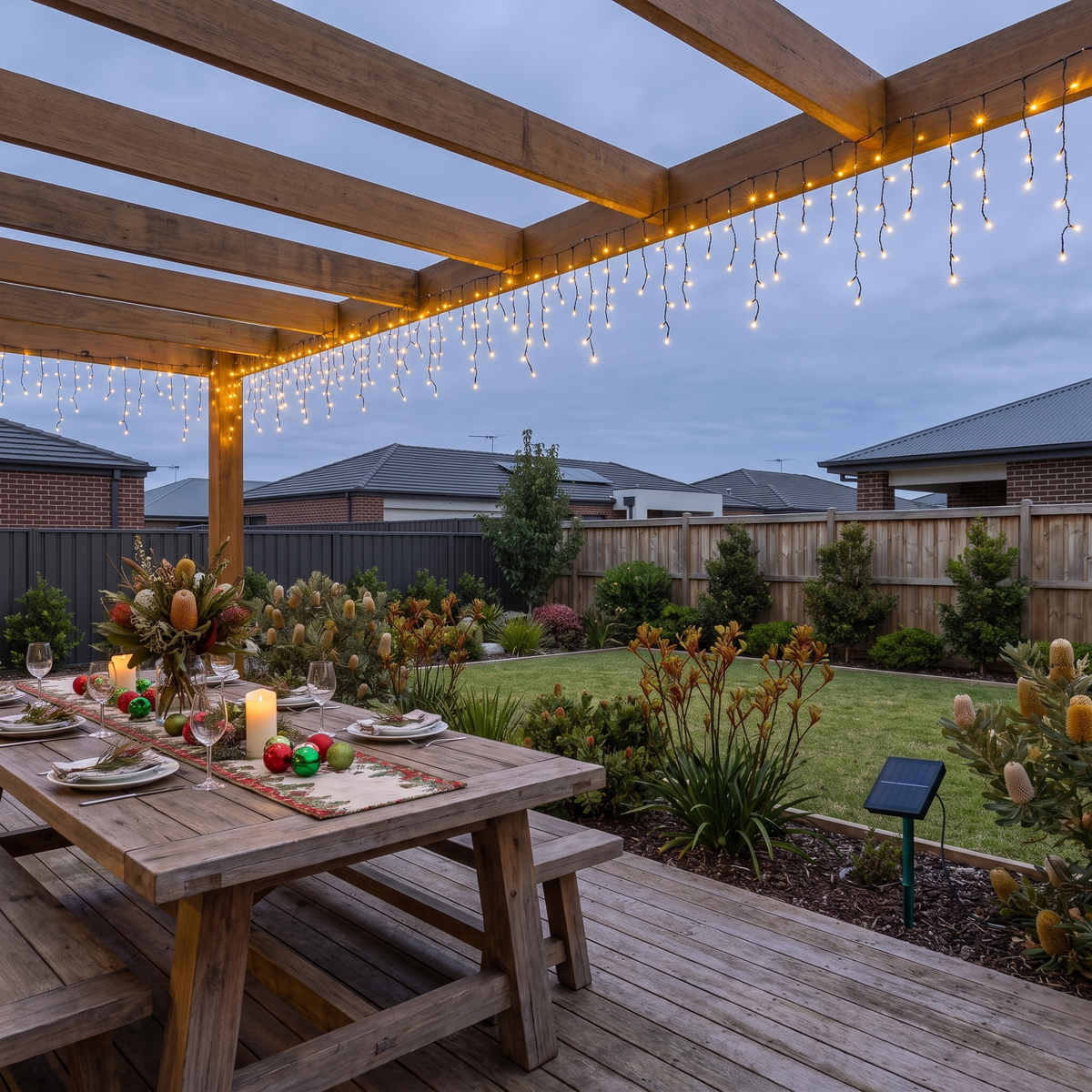 Warm White Solar LED Icicle Christmas Lights – 12.5m – on a backyard pergola
