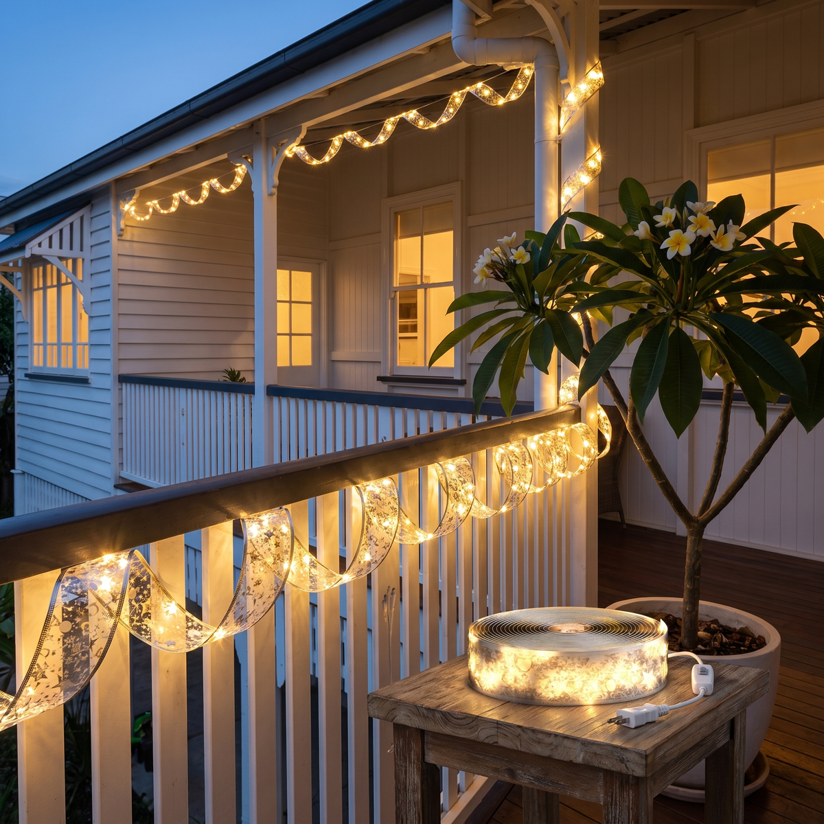 Silver Ribbon Warm White LED Christmas Lights – 20m, 200 LED – glowing along a Queenslander verandah at dusk
