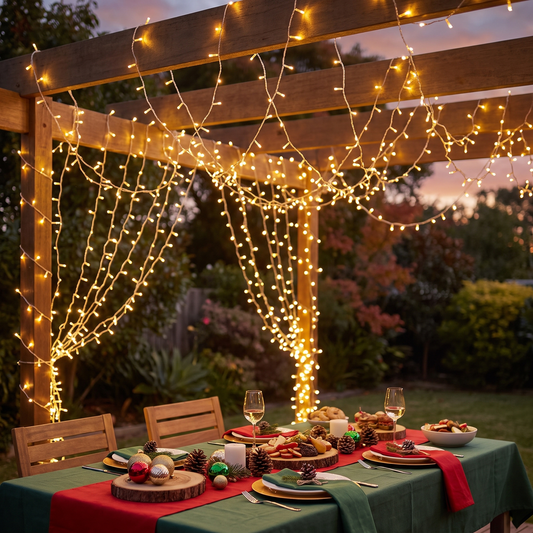 Warm White LED String Christmas Lights – 100m, 500 LED – glowing over an alfresco pergola at dusk